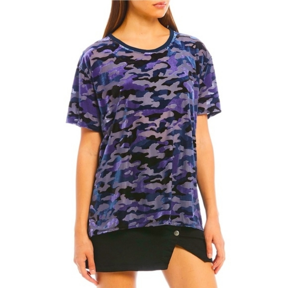 Free People XS We The Free Blue Velvet Burnout Camo Teddy Tee Top